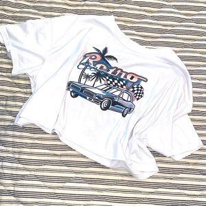 Romwe Sz XL White Cropped Crew Short Sleeve T Shirt Top Retro Car Graphic Print